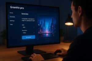 Person using Gramhir.pro AI picture generator on a laptop to create realistic digital artwork, illustrating advanced AI image creation technology in 2025.