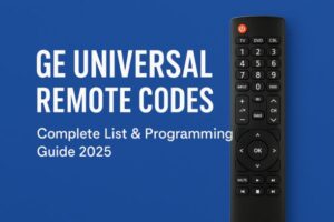 A GE universal remote control displayed next to text that reads 'GE UNIVERSAL REMOTE CODES Complete List & Programming Guide 2025', highlighting a guide for programming GE universal remotes.