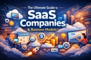 The Ultimate Guide to SaaS Companies & Business Models' featuring cloud computing, subscription models, SaaS metrics like MRR, CAC, and LTV, digital graphs, AI icons, and people interacting with technology in a modern business illustration.